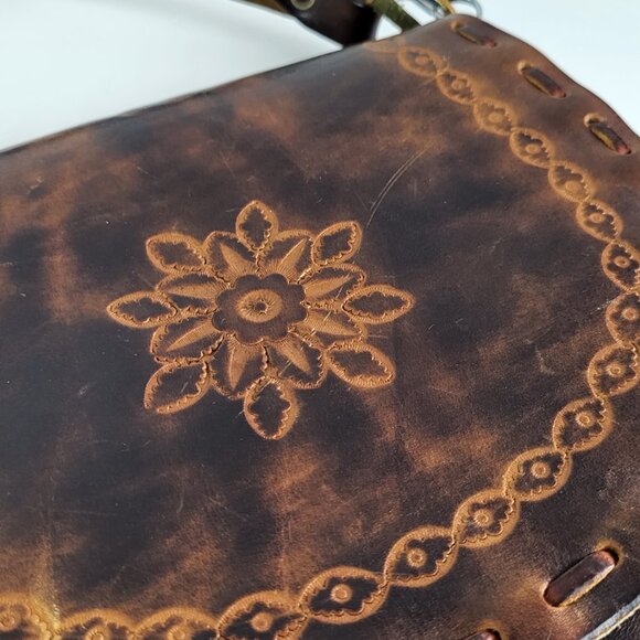 Vintage Hand-Tooled Leather Crossbody Bag + Owl Coin Purse • Boho • Artisan - Picture 7 of 14